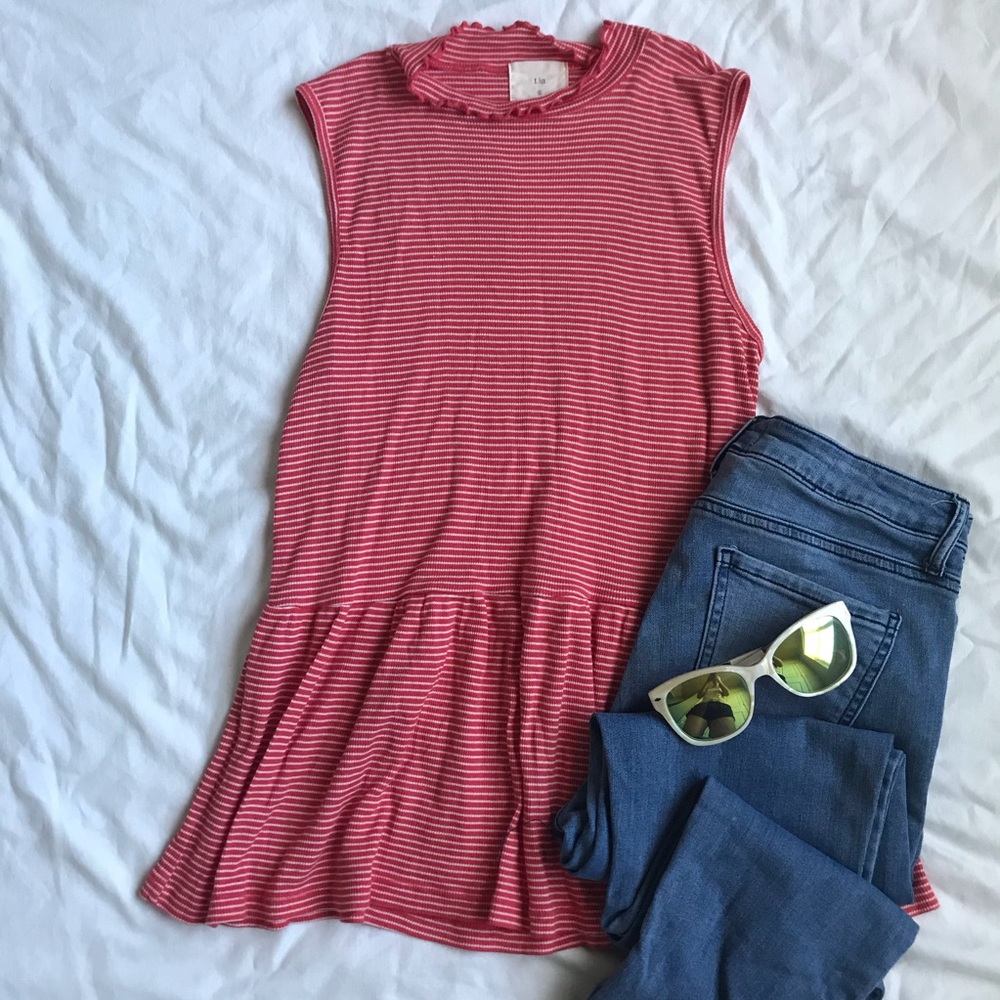 Anthropologie red mock-neck pinstripe peplum tank